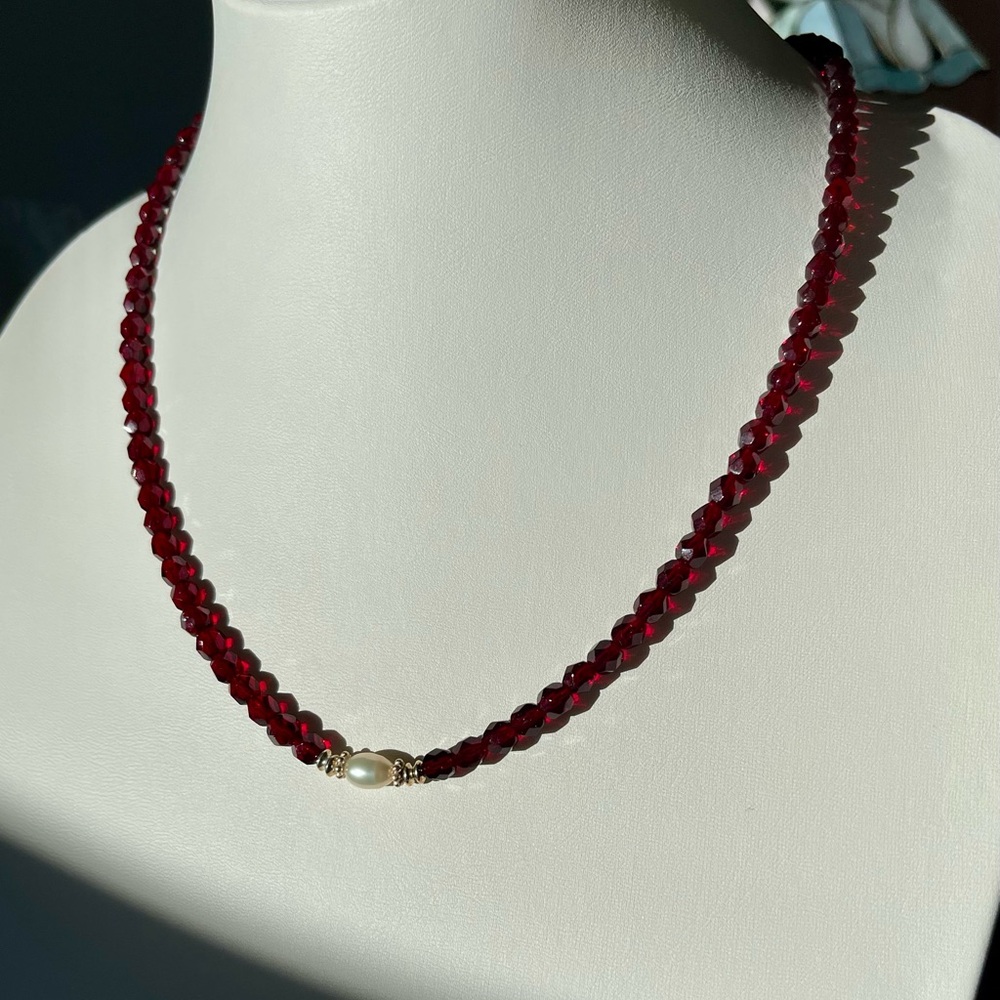 Garnet Colored Faceted Glass Beads w/ Freshwater Pearl & Sterling Beads & Clasp